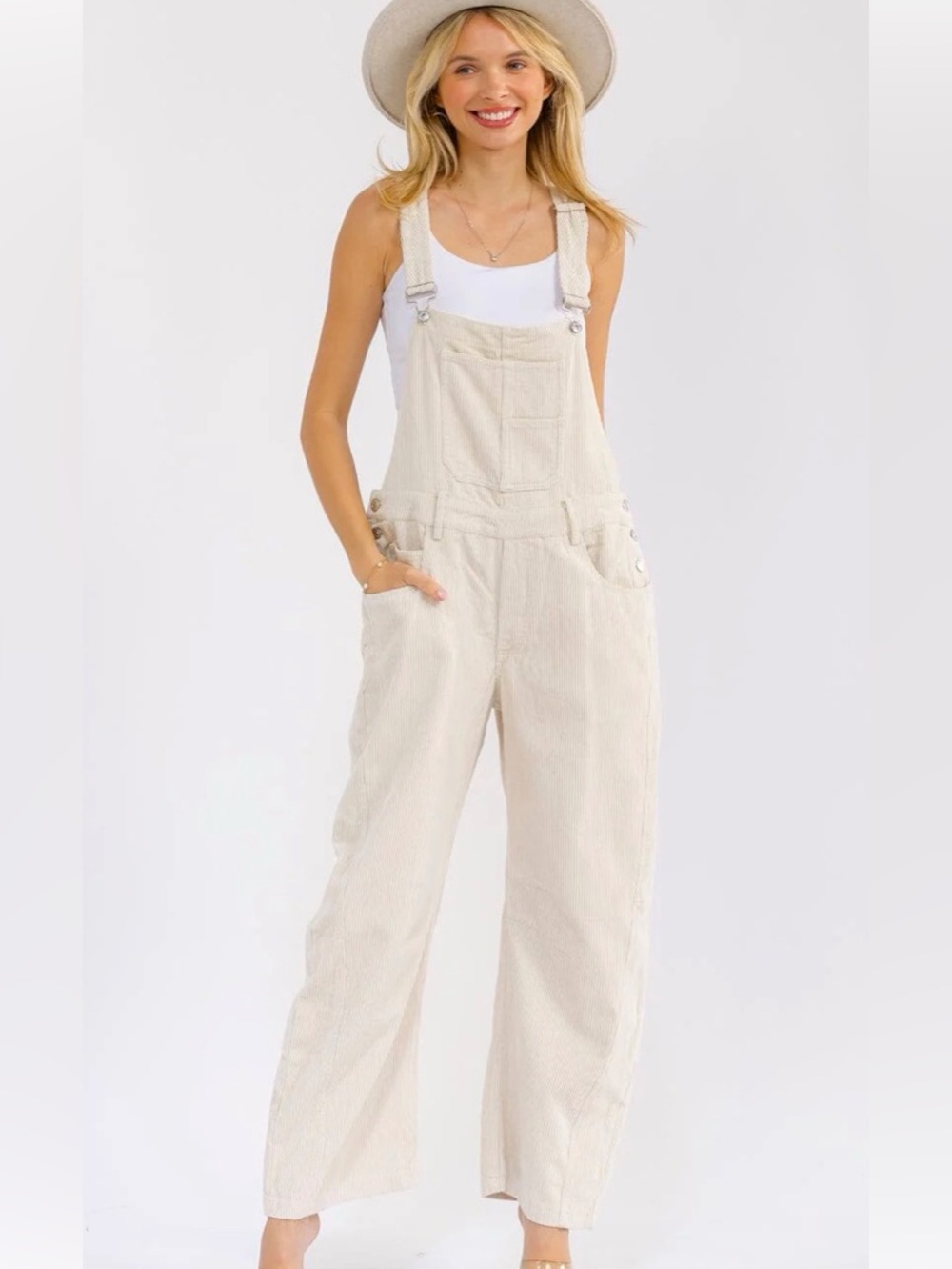 ON SALE A319. Neutral Cream Corduroy Barrel Overalls - Timeless Casual Style